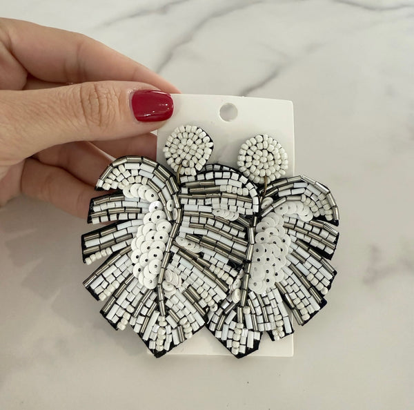 White Beaded Monstera Earrings