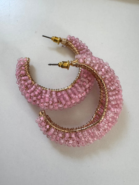 Pink Beaded Hoops
