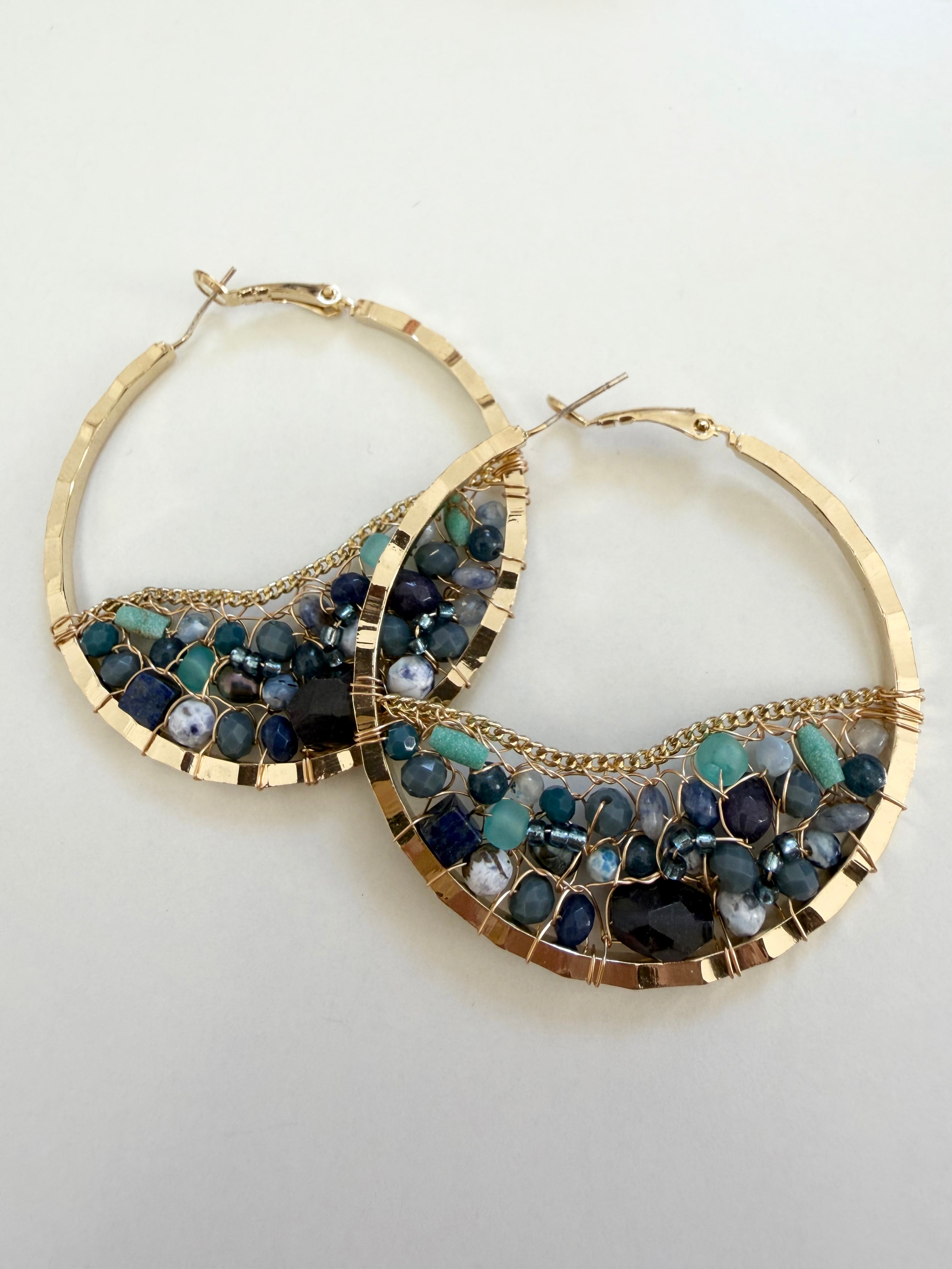 Gold and Blue Beaded Hoops