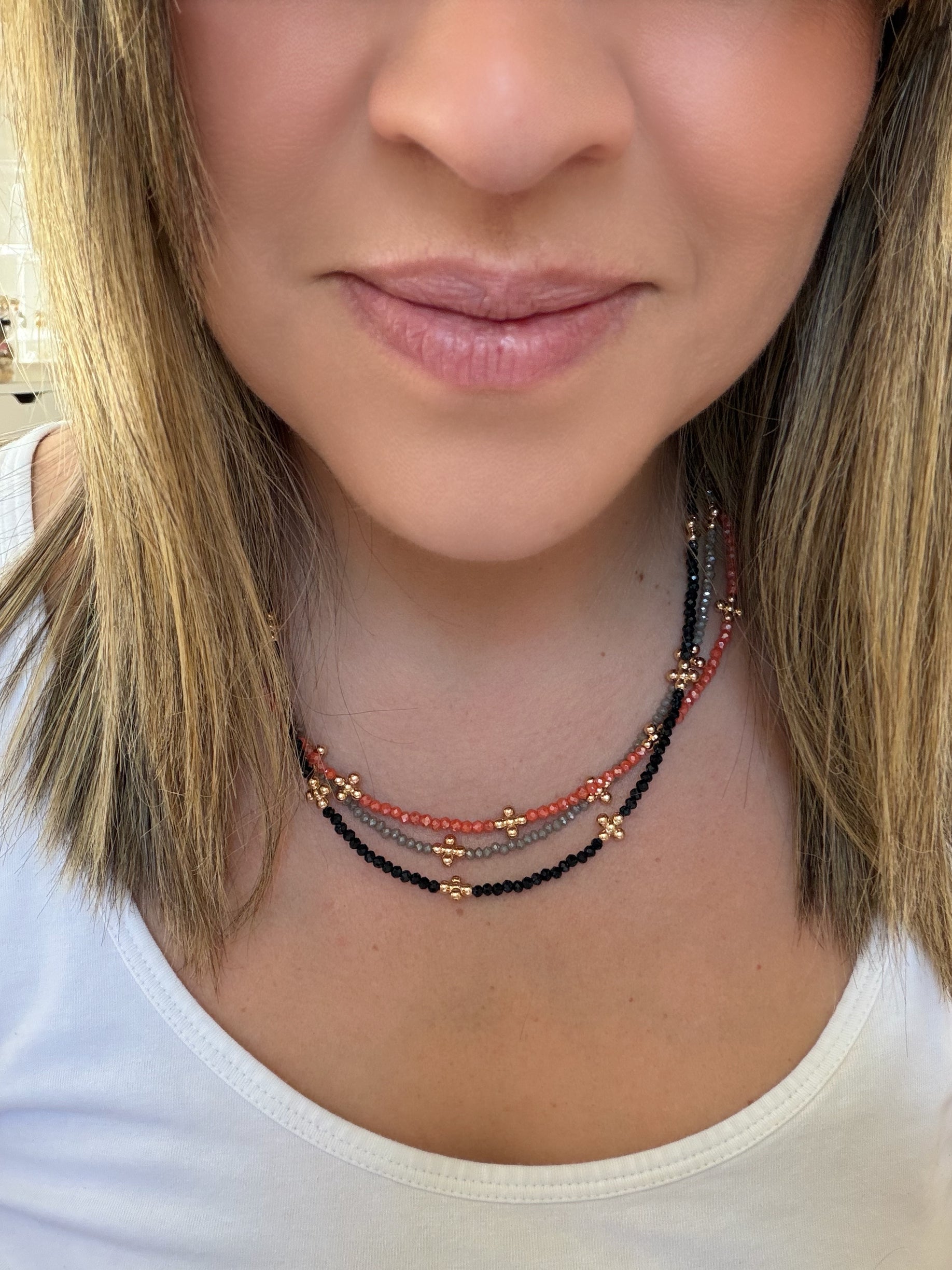 Colored Beaded Necklace with gold little crosses