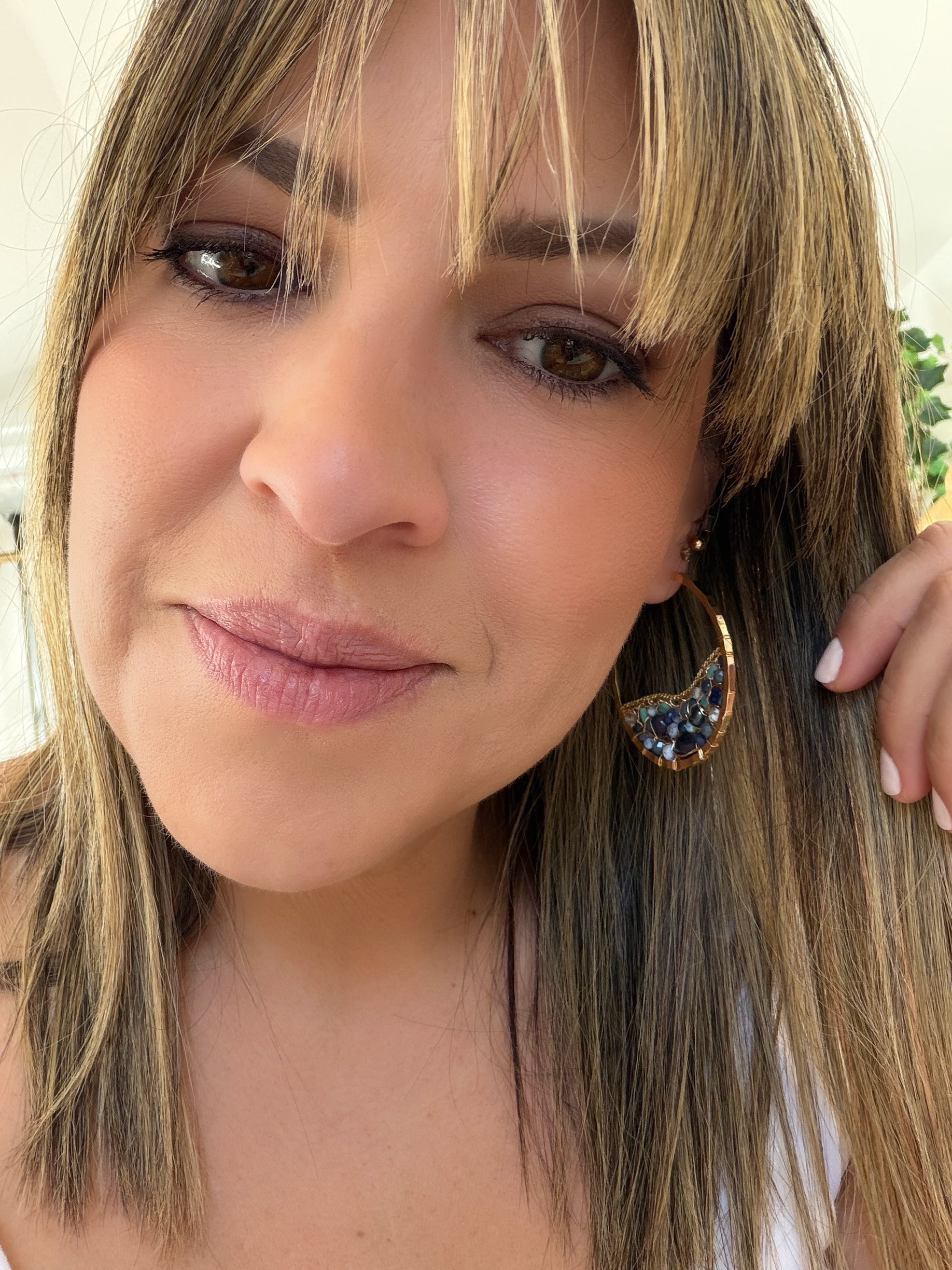 Gold and Blue Beaded Hoops