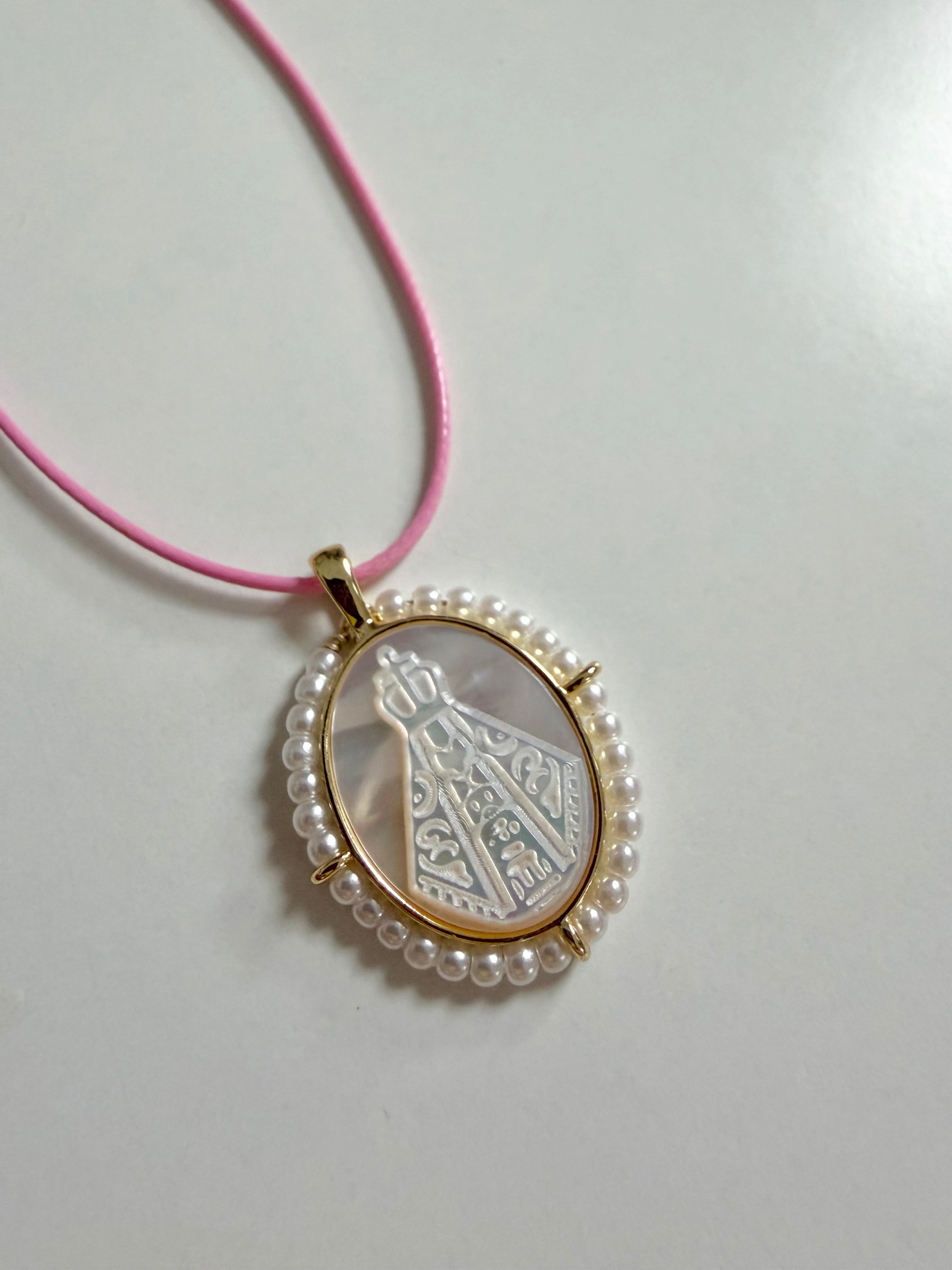 Pearl Virgencita on Pink Leather Cord