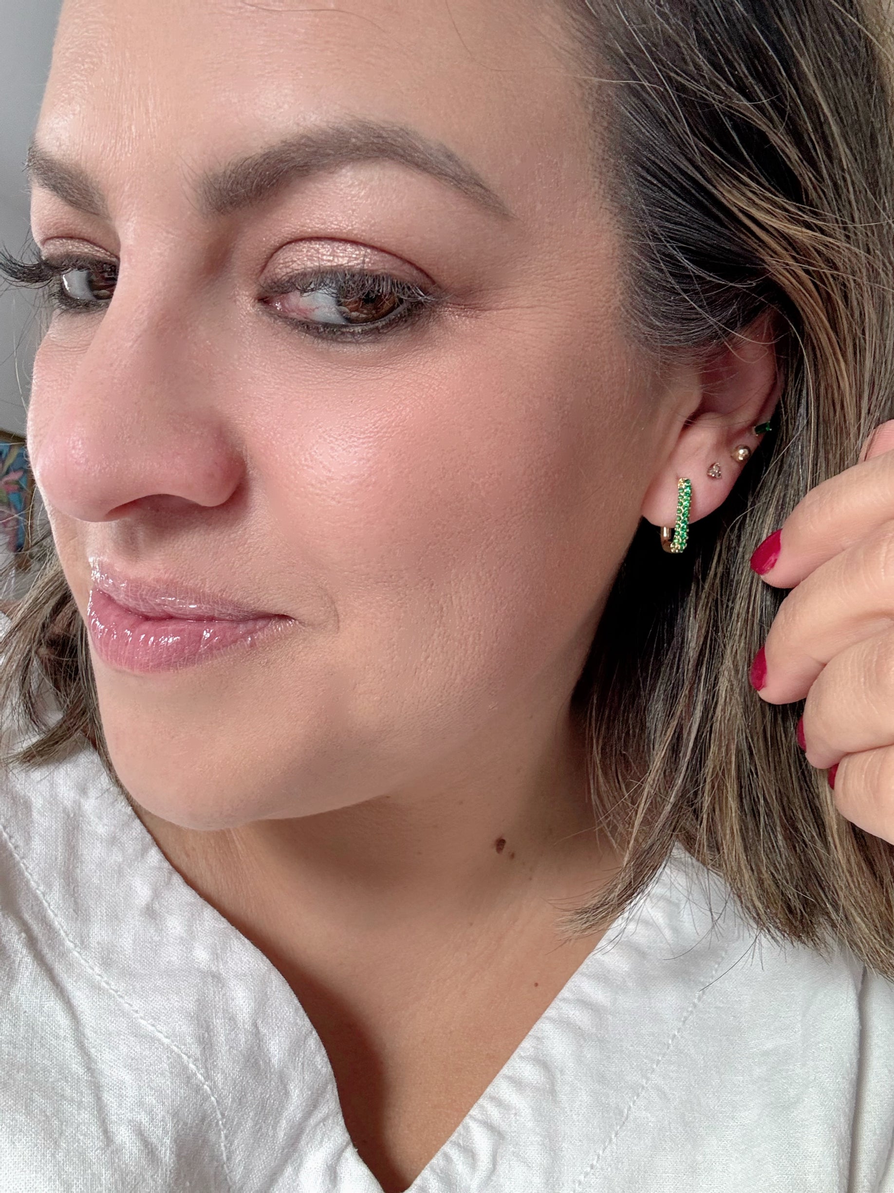 Gold Rectangle Green Pave Hoops