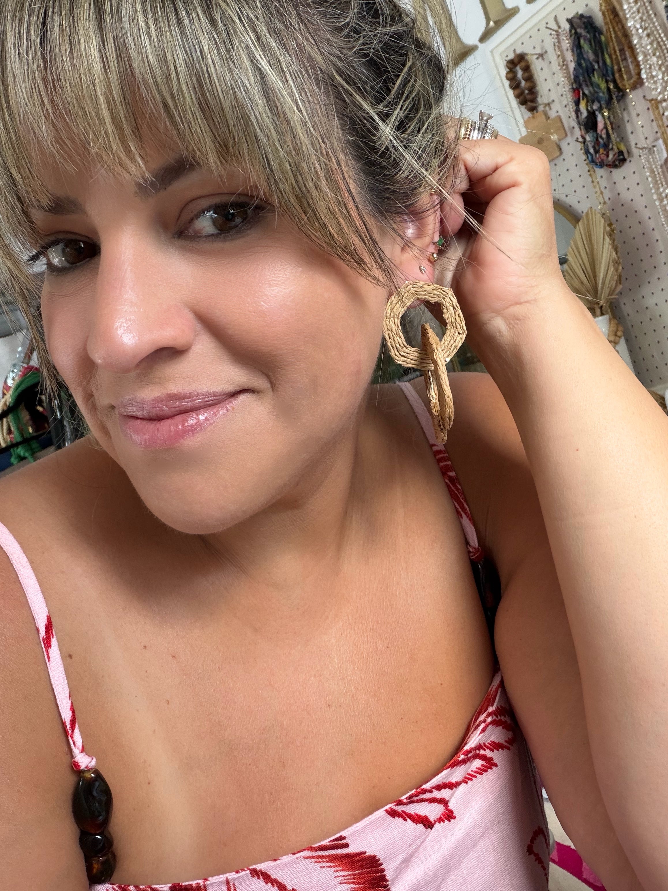 Double Raffia Hexagon Statement Earrings