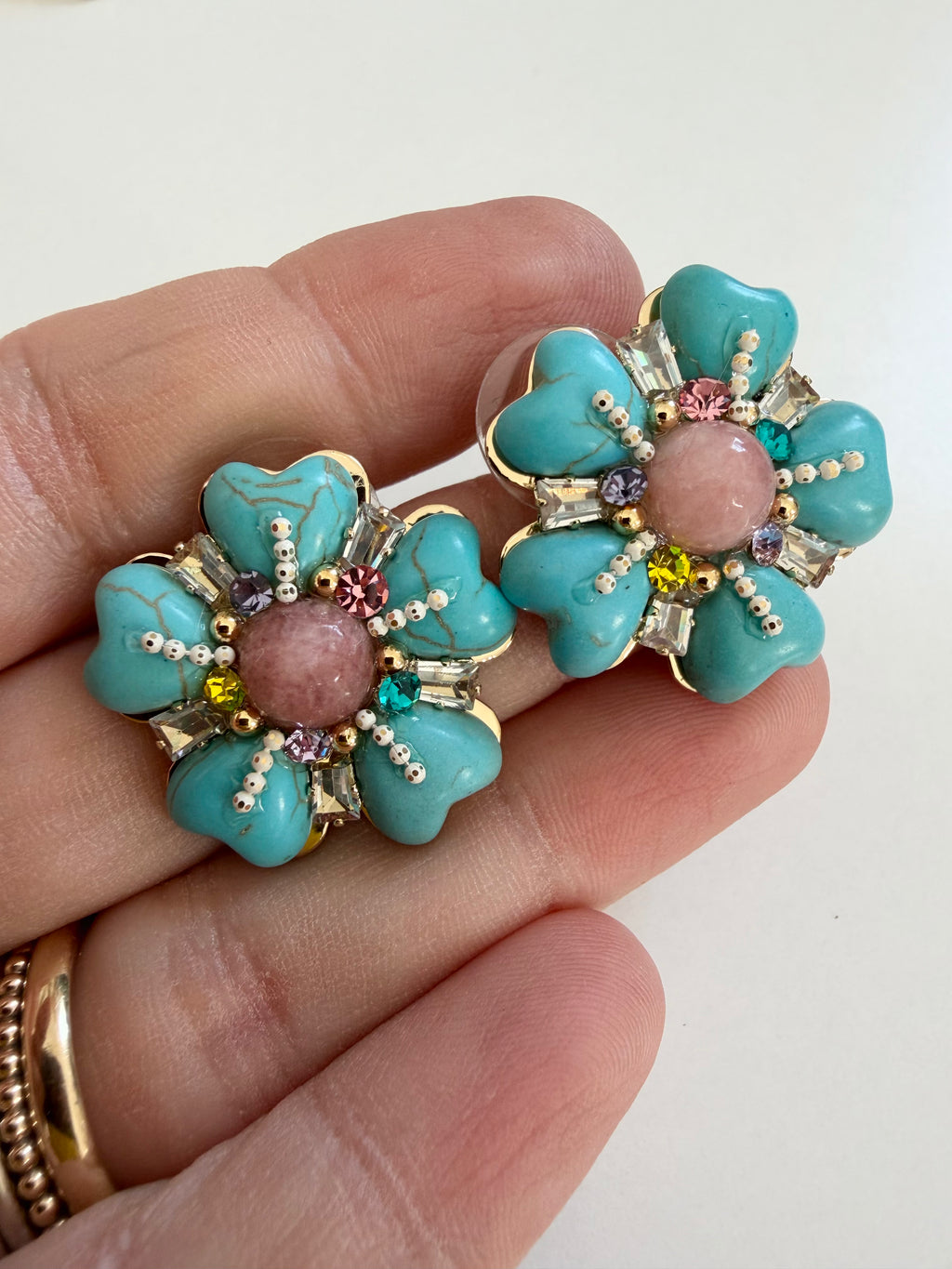 Turquoise and Pink Flower Studs