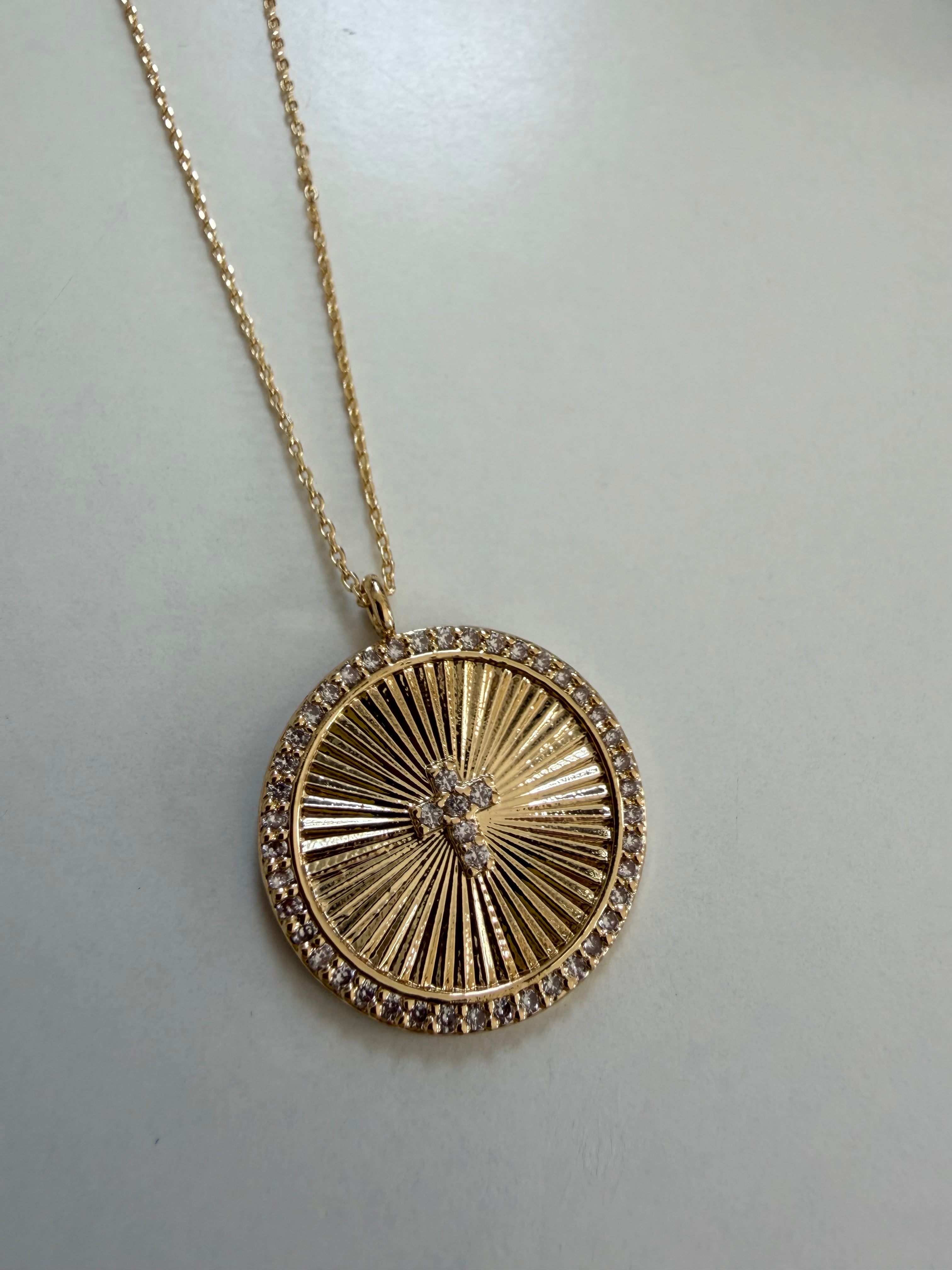 Gold Dipped Flutted Round Cross Necklace