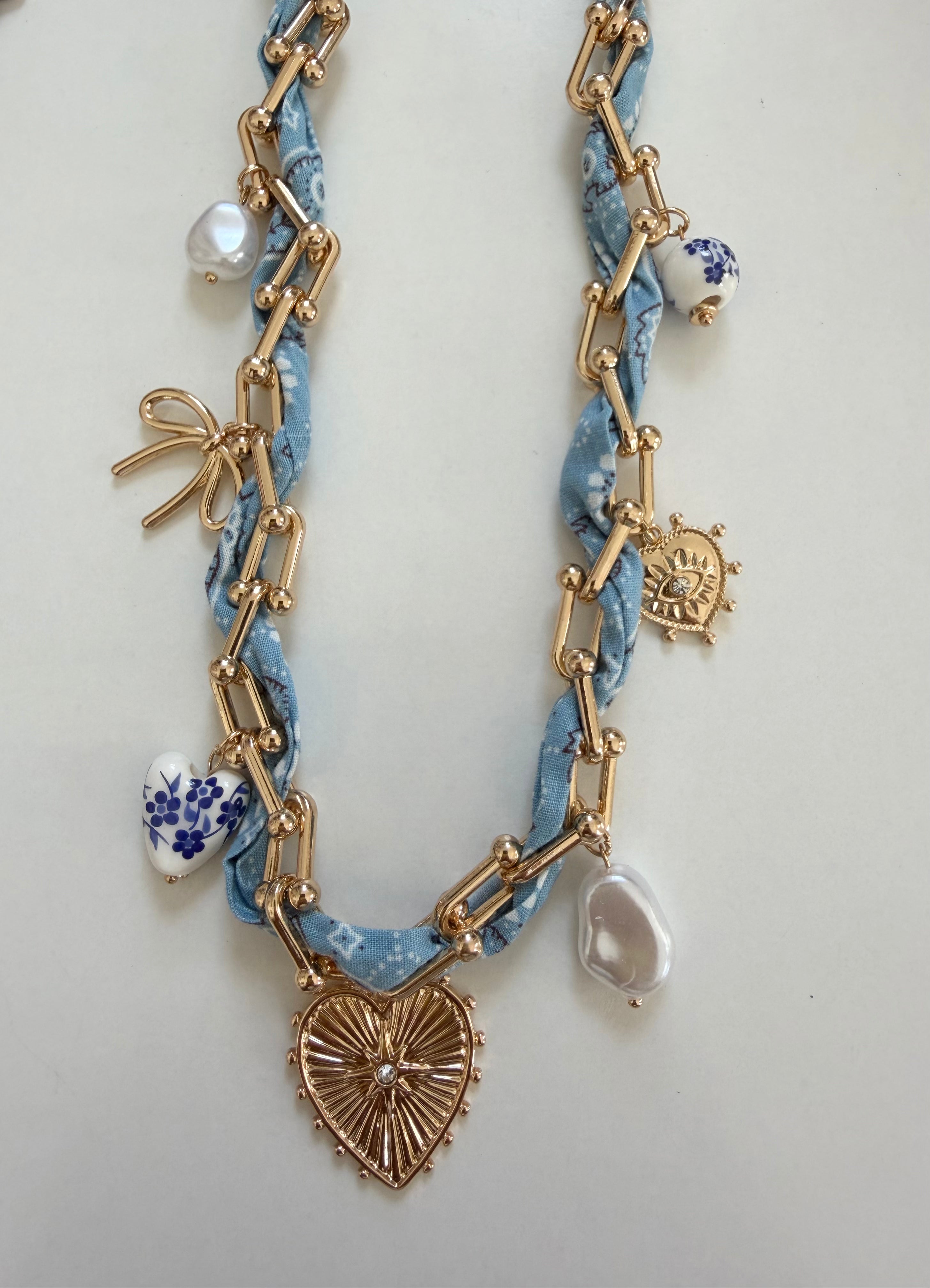 Blue Scarf Heart Charm Necklace