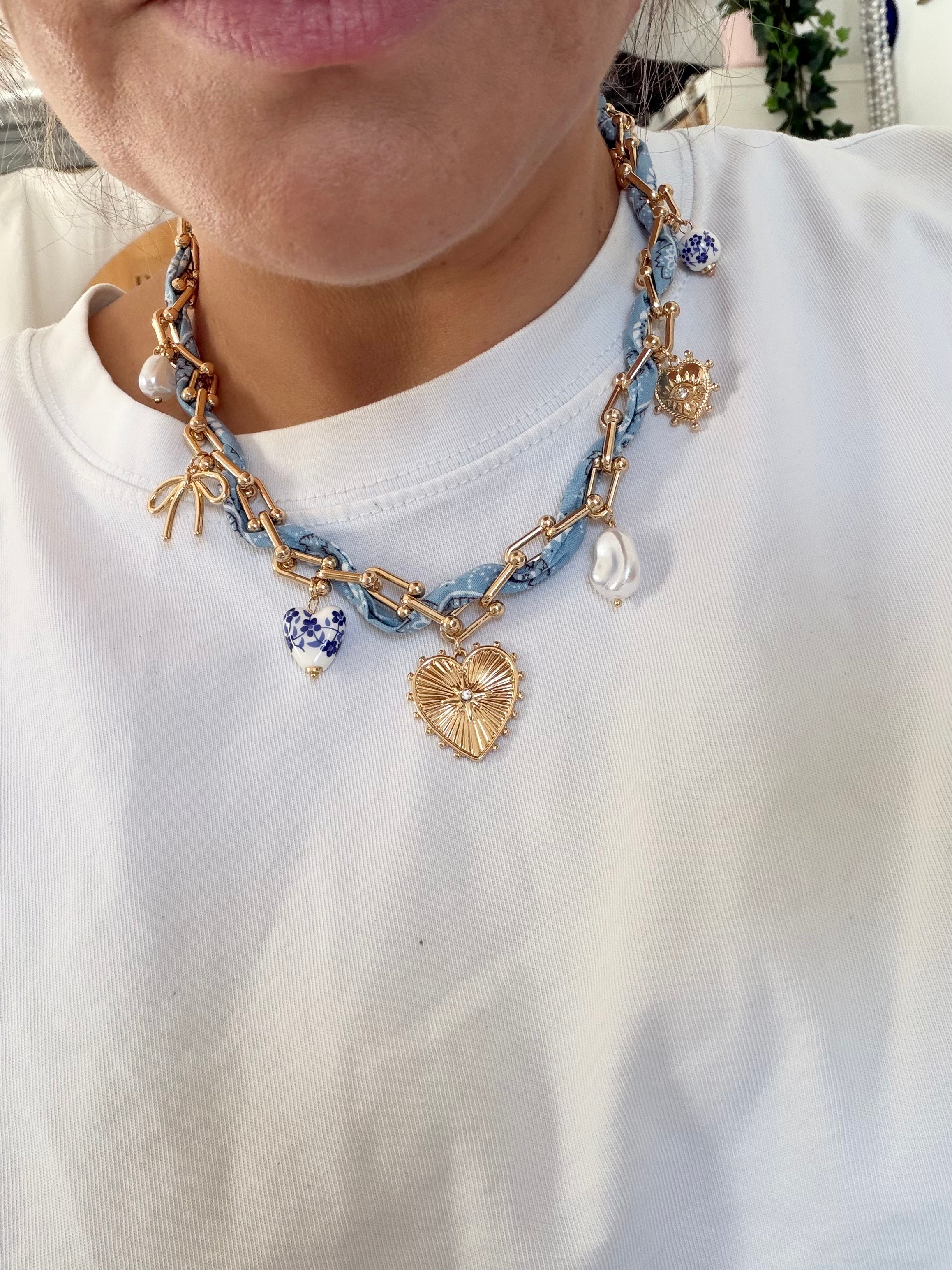 Blue Scarf Heart Charm Necklace