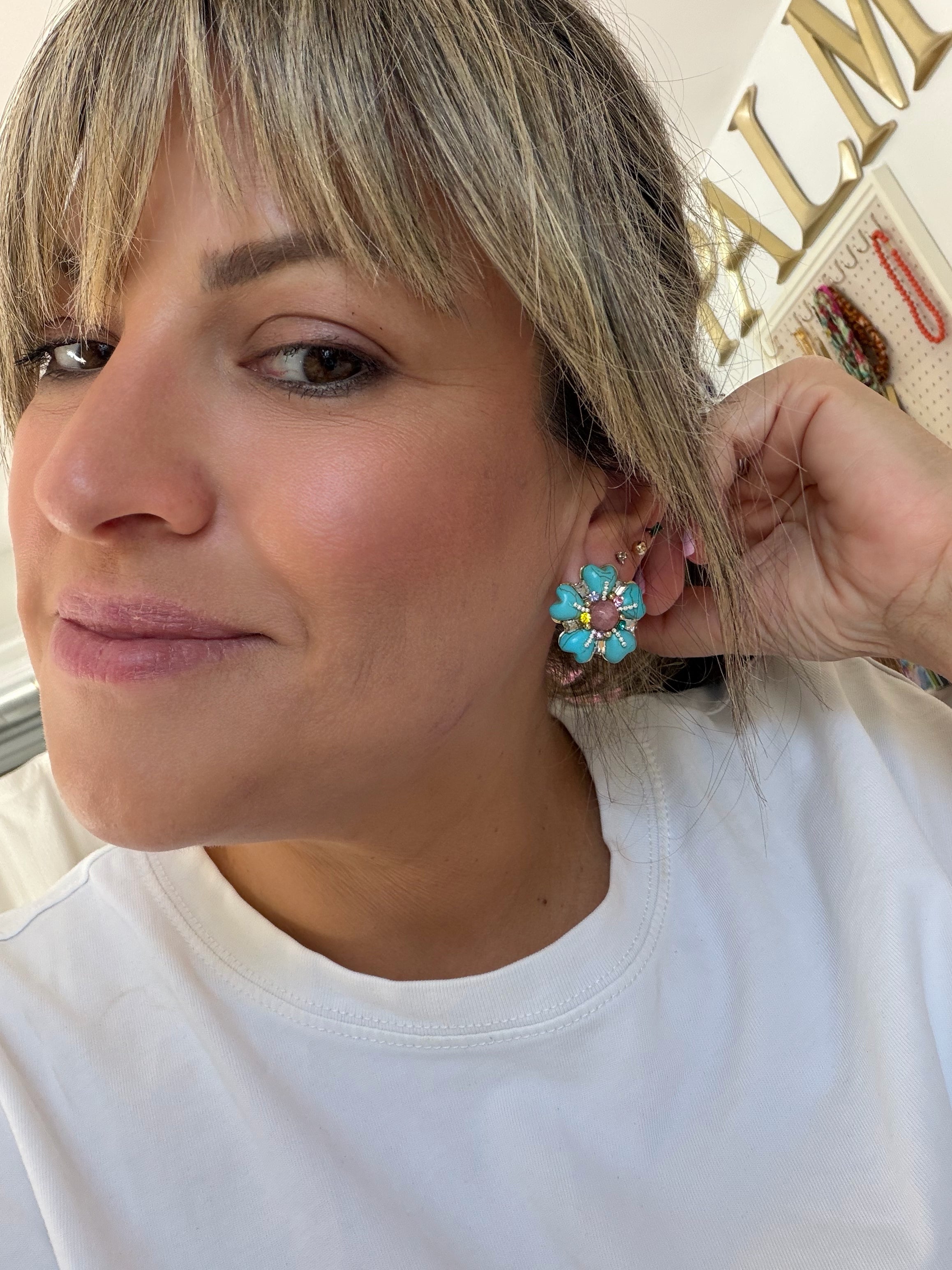Turquoise and Pink Flower Studs