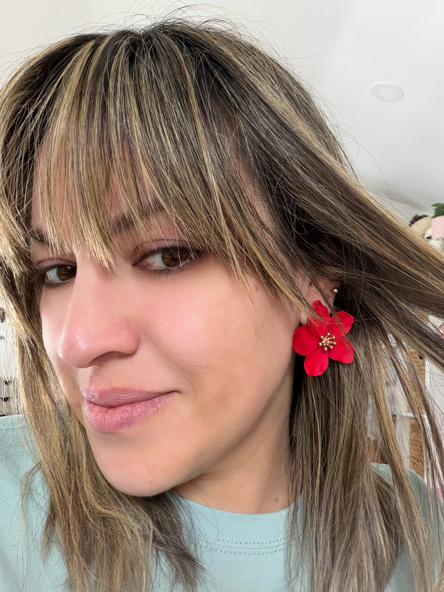 Red Metal Flower Studs