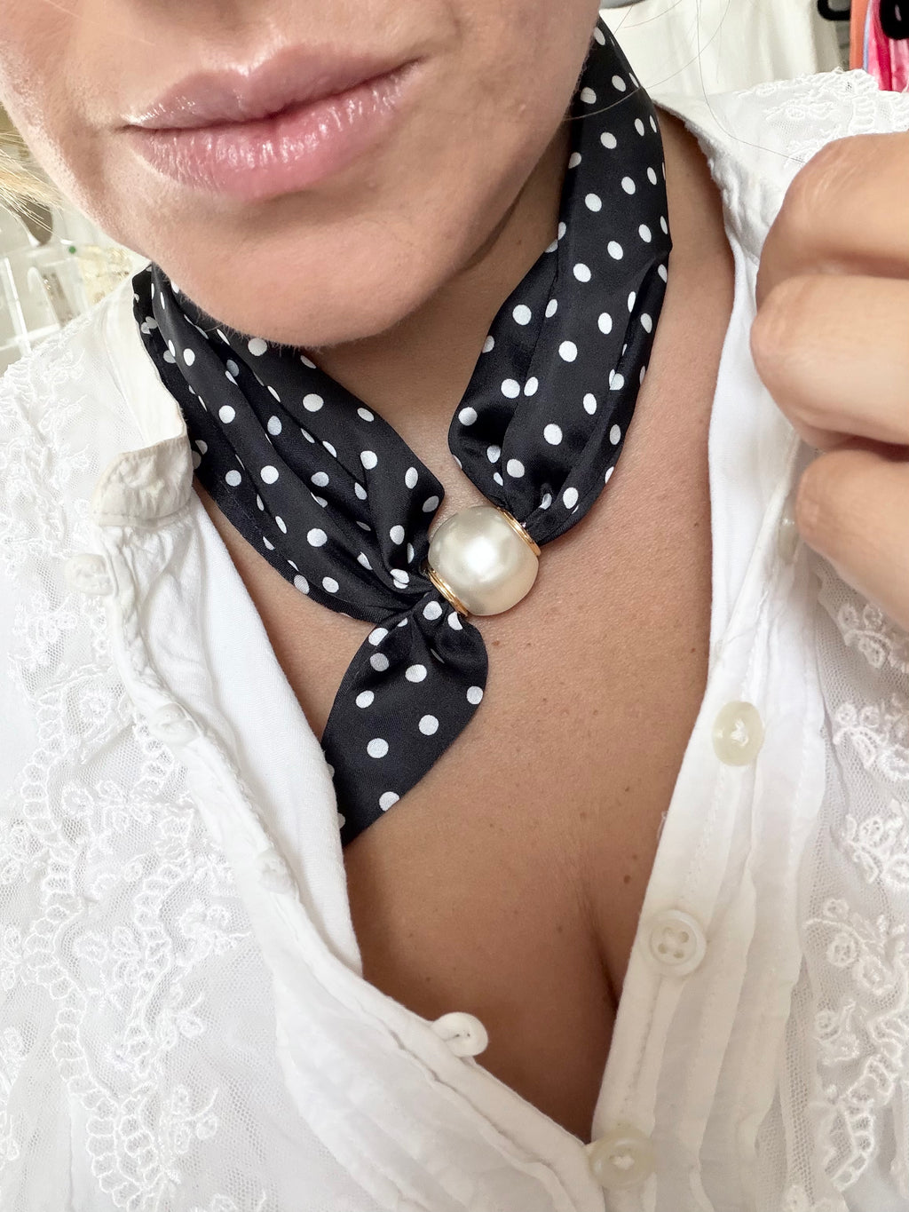 Polka Dot Scarf Pearl Necklace