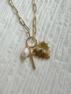 Gold Dipped Heart Cross Pearl Necklace