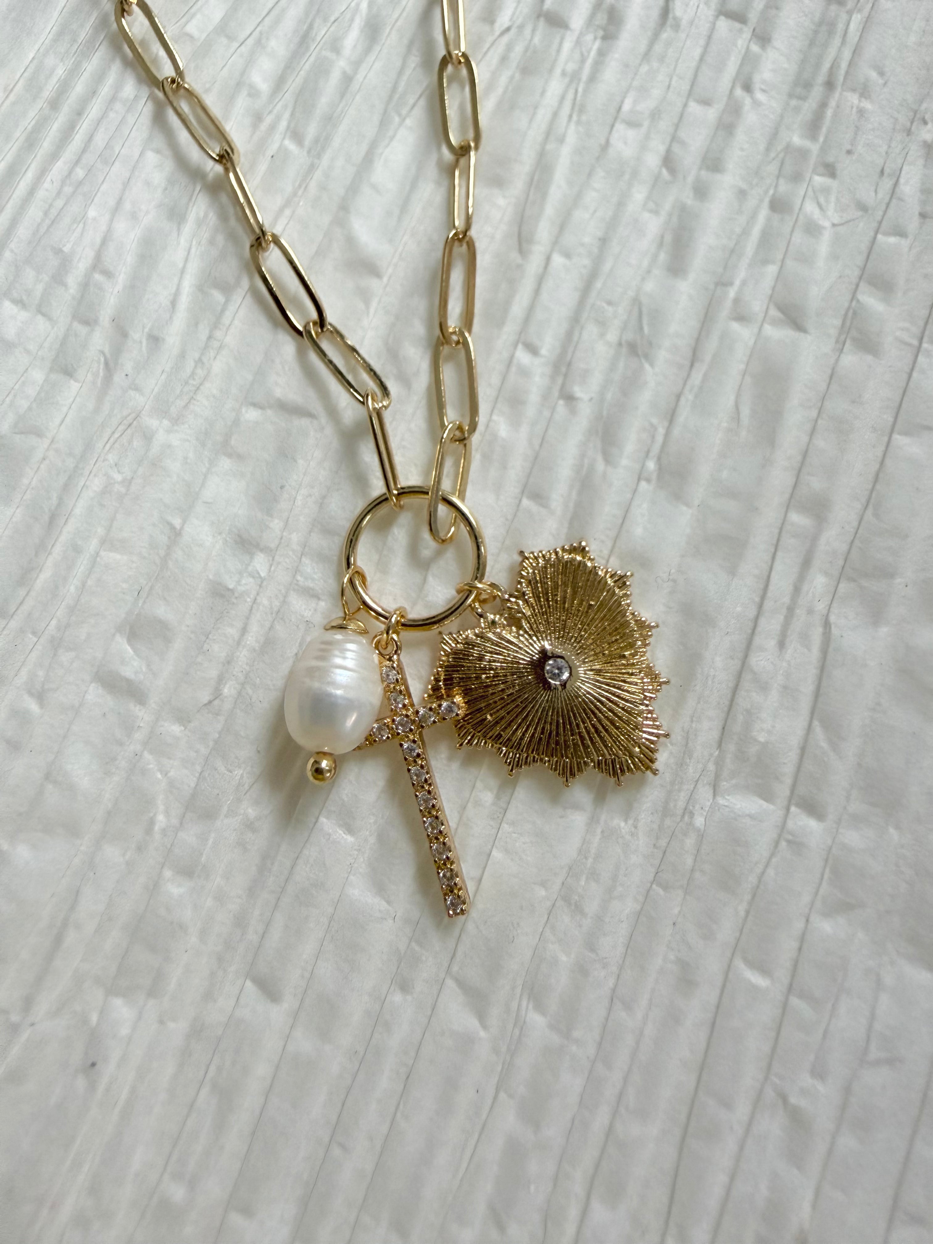Gold Dipped Heart Cross Pearl Necklace