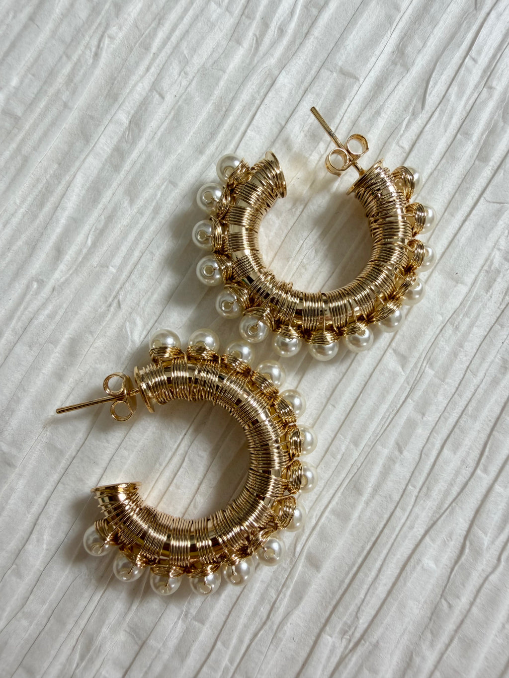 Wire Wrap Faux Pearl Hoops