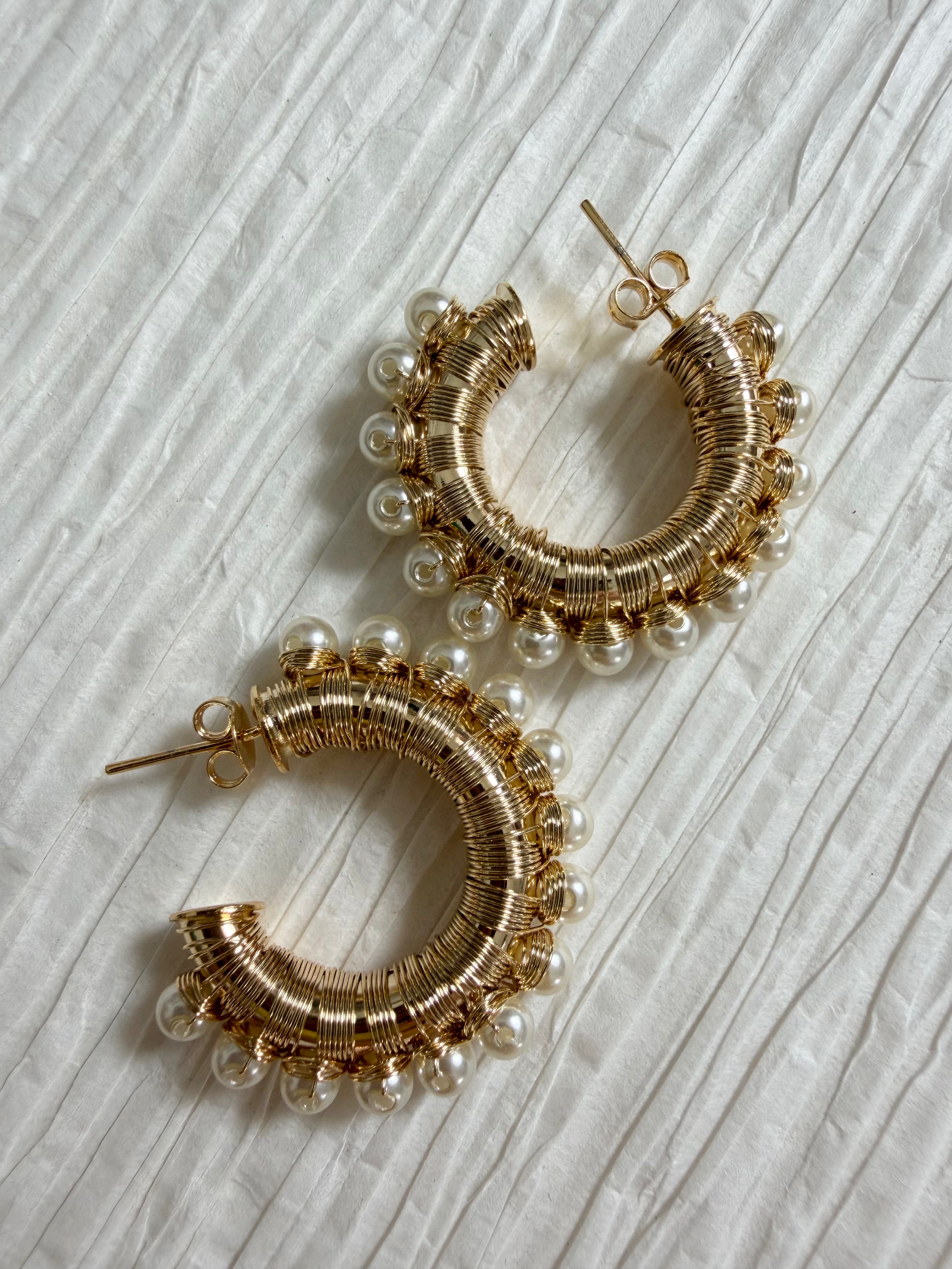 Wire Wrap Faux Pearl Hoops