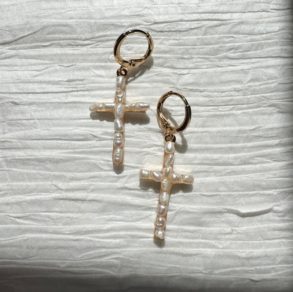 Freshwater Pearl Cross Hoops